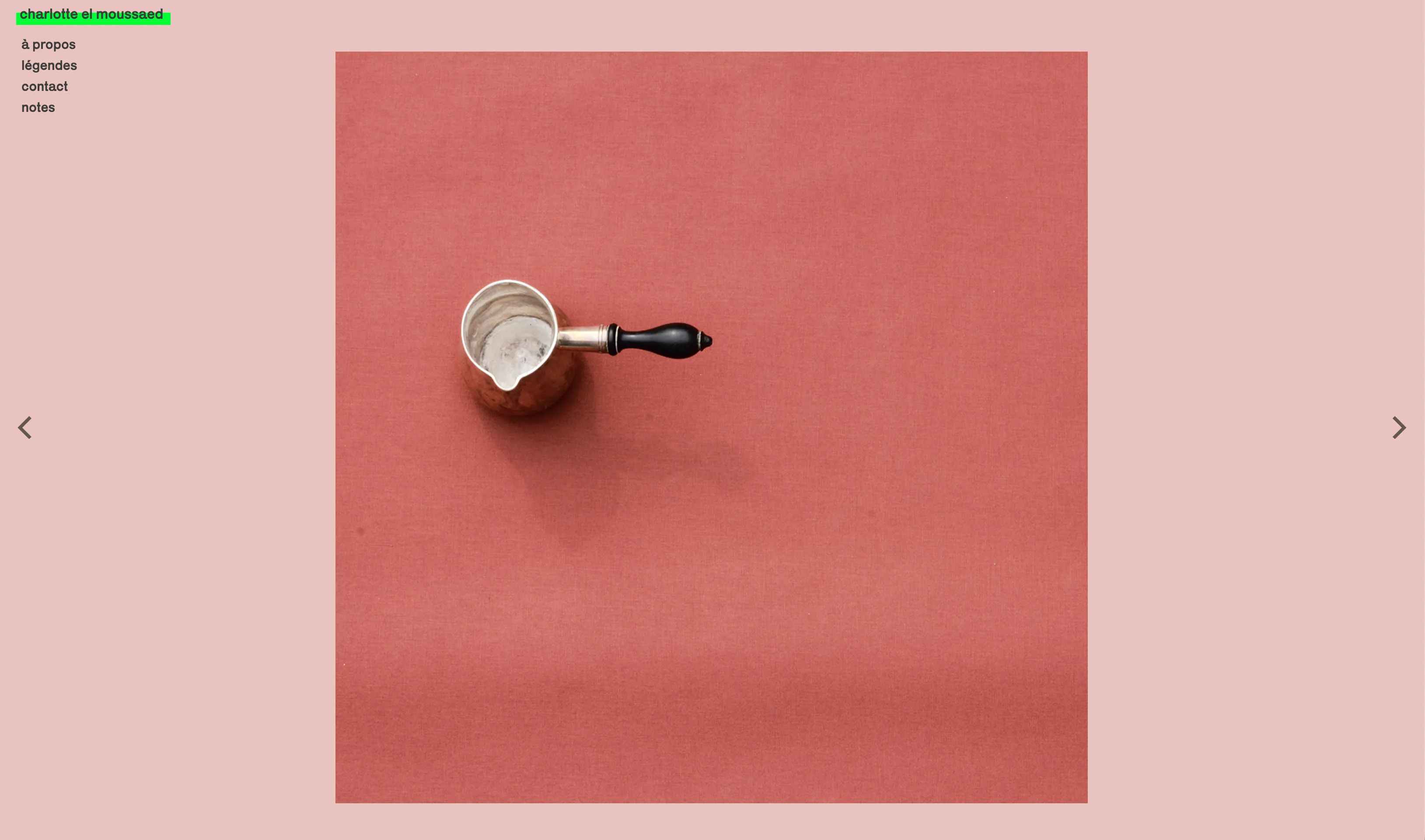 A screenshot of the Charlotte El Moussaed portfolio displaying an artwork with a background color calculated from the main color of the artwork.