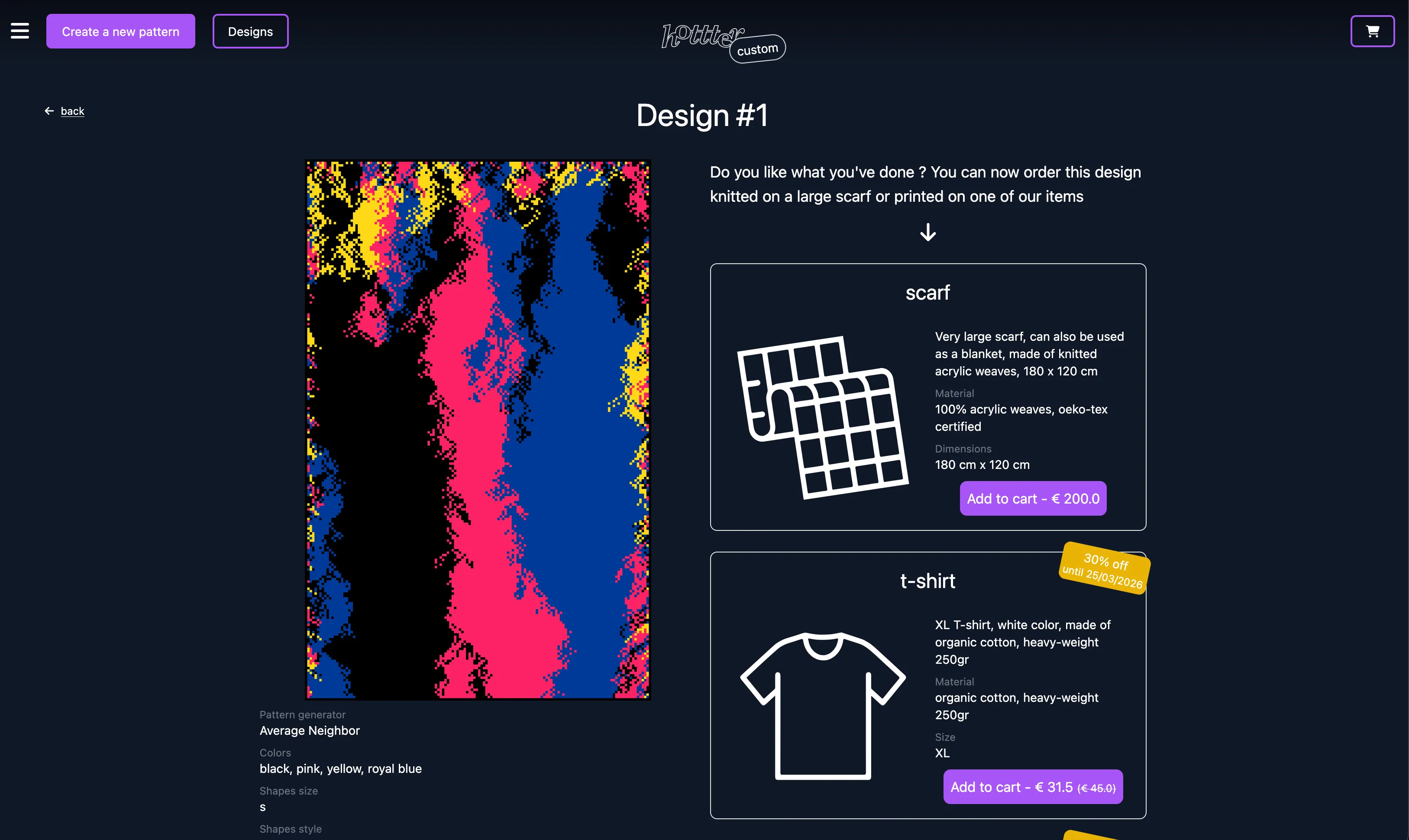 A screenshot showing an example of a generated pattern viewed from the product page