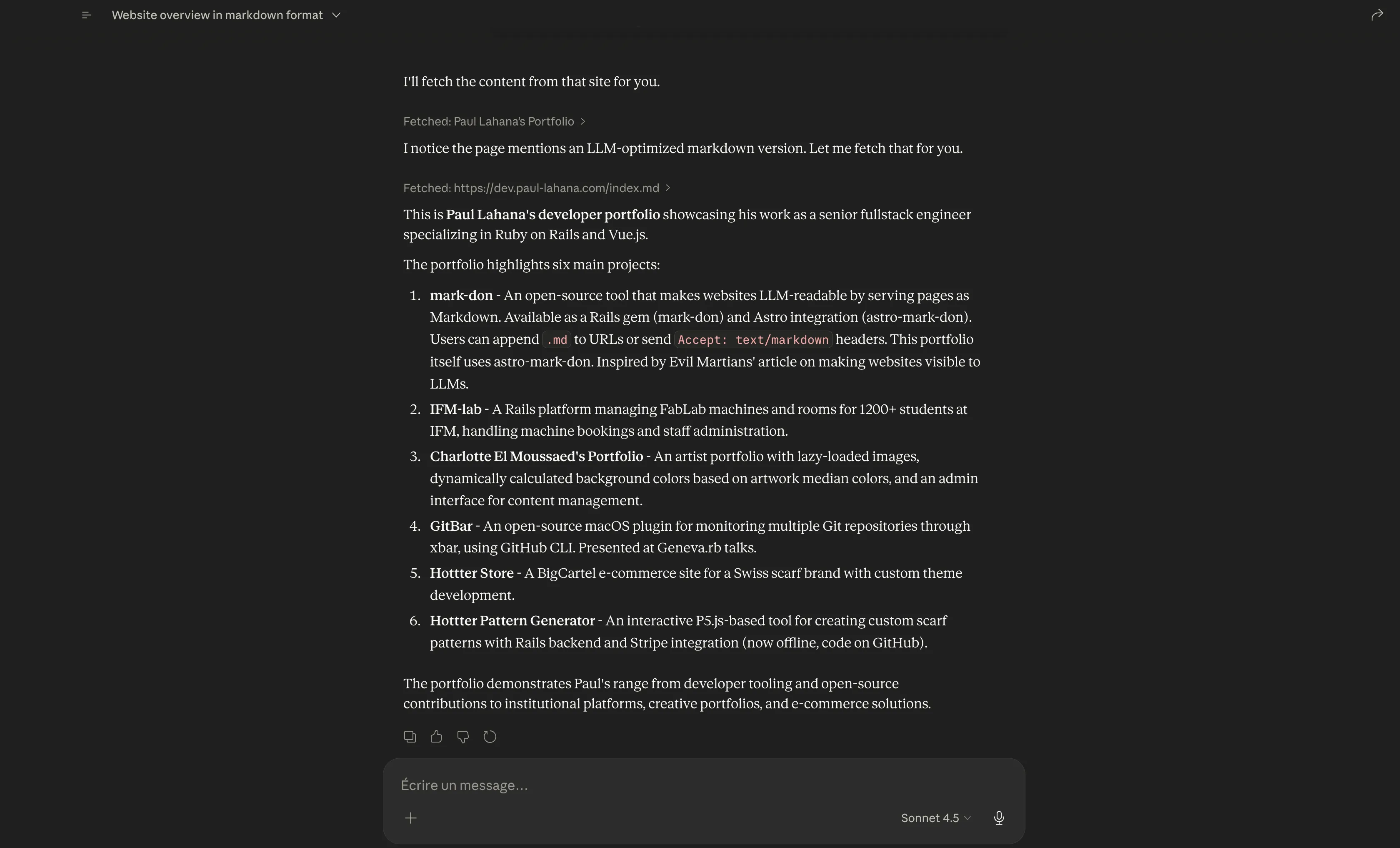 A screenshot of the response from the LLM when asking for a description of the portfolio