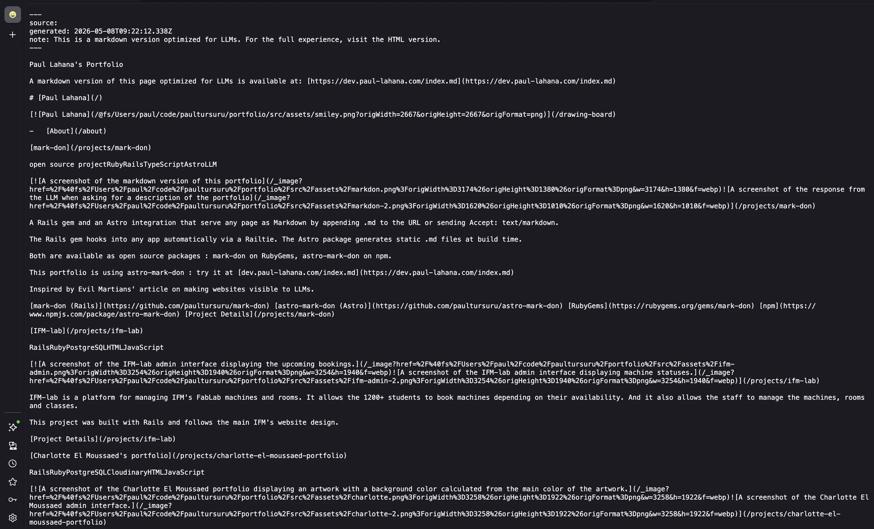 A screenshot of the markdown version of this portfolio