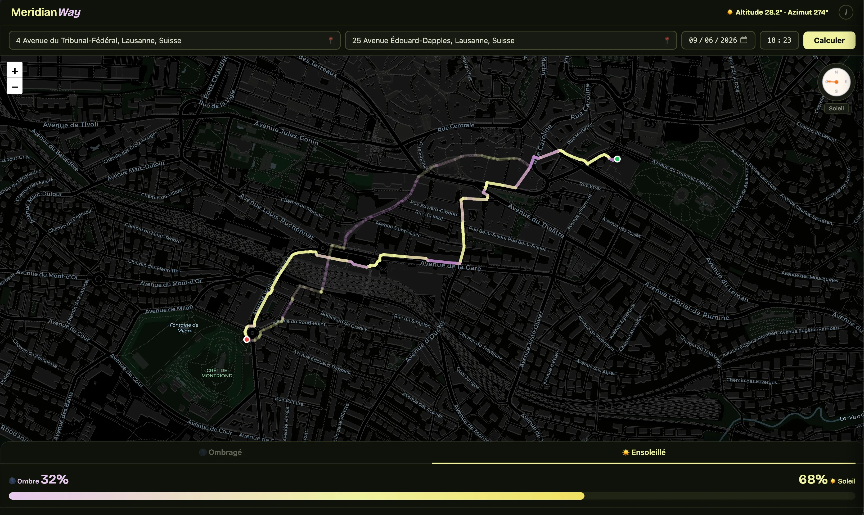 A screenshot of MeridianWay on desktop showing the route selection interface with sun and shade options.