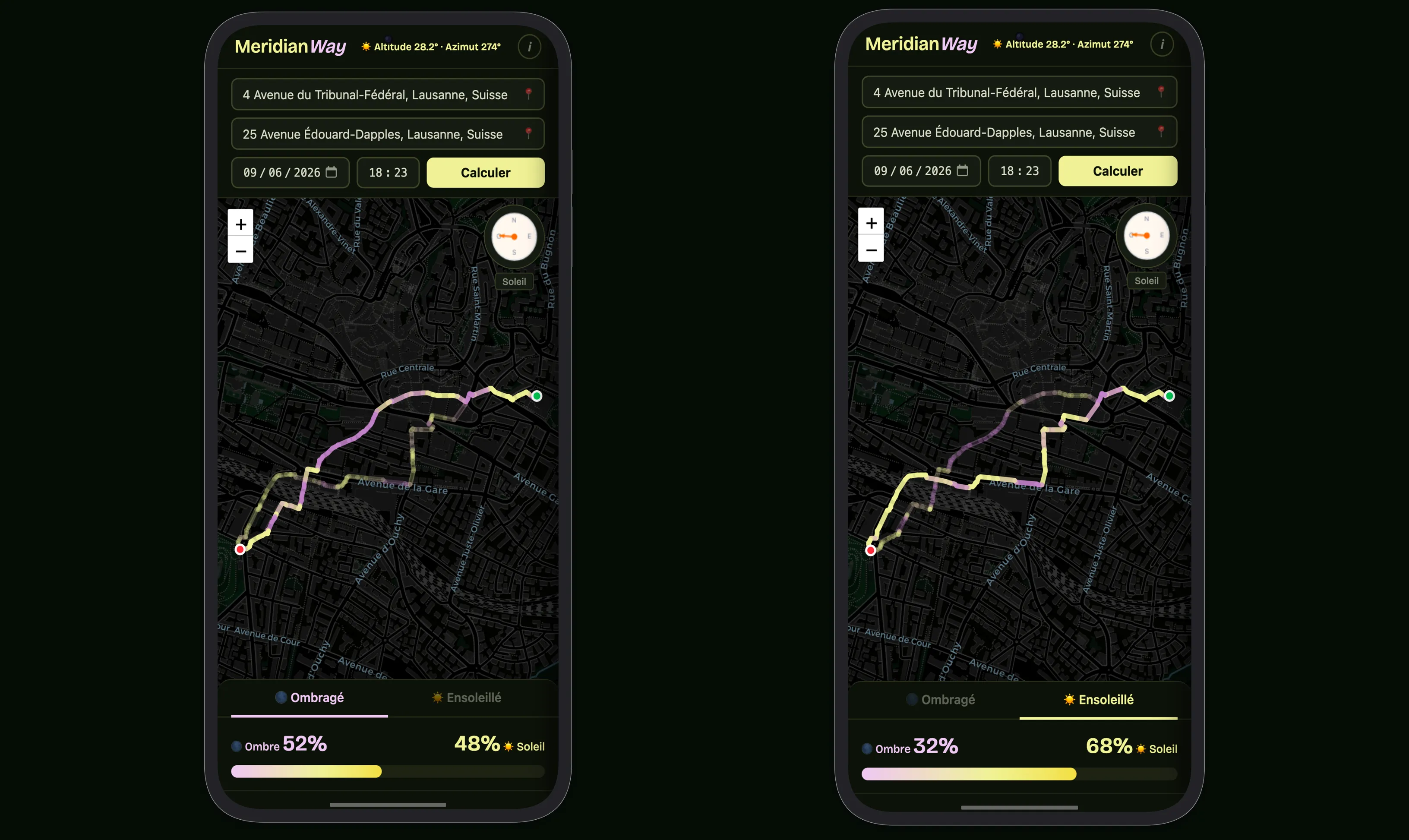 Two screenshots of MeridianWay on a smartphone showing pedestrian routes : one sun-maximized, one shade-maximized, overlaid on a city map.